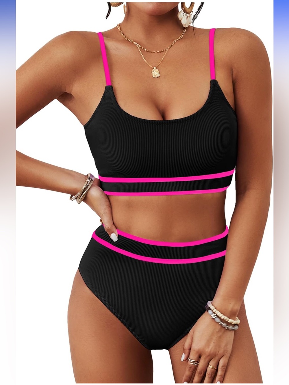 BMJL High Waisted Bikini Ribbed High Cut Color Block Adjustable Straps nwt